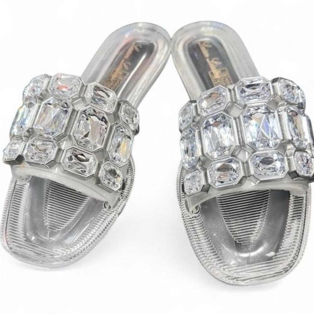 NWT Lauren Lorraine Jade Flat Jelly‎ Slides with Rhinestone Embellishments